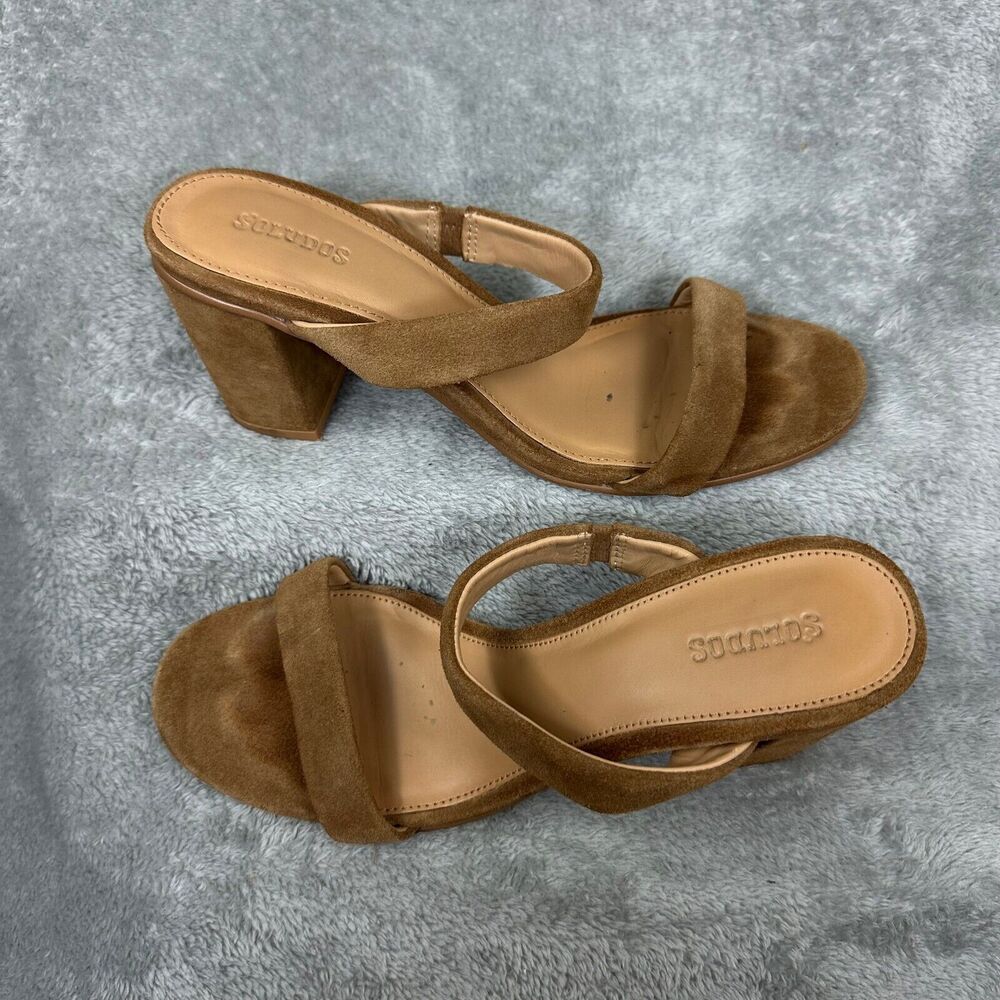Soludos Block Heel Suede Sandals Womens 8.5 Tan Brown‎ Good Mule Two Strap - Picture 3 of 5